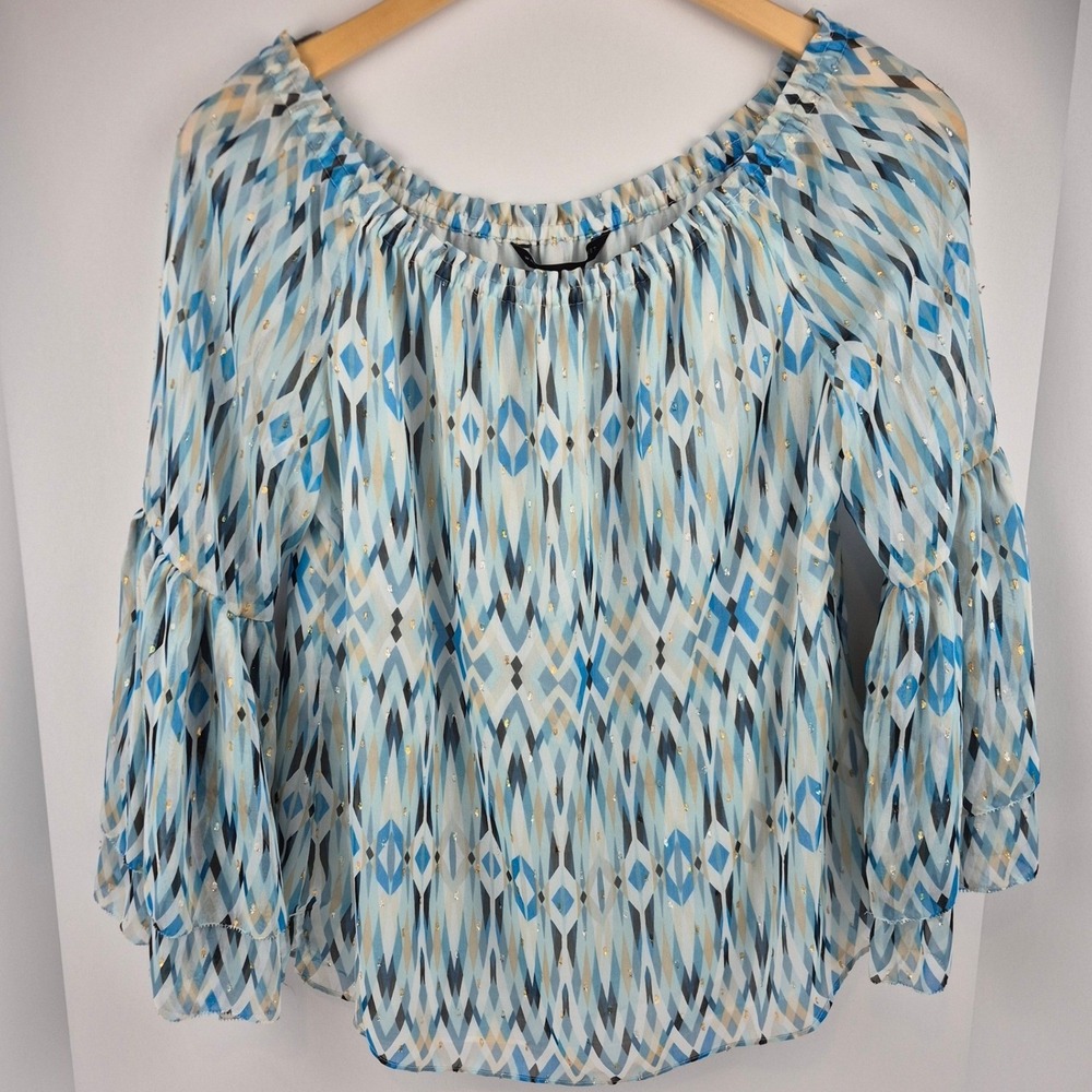 White House Black Market‎ Off The Shoulder Bell Sleeve Blue Print Blouse Top S